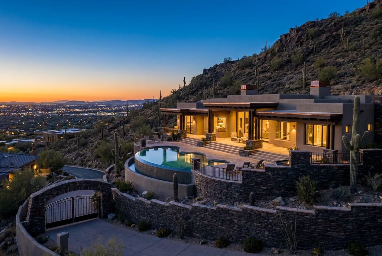 Custom hillside home backing to desert preserve