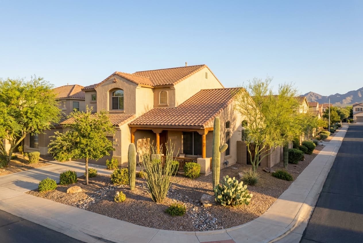 Traditional Southwest home with desert landscape