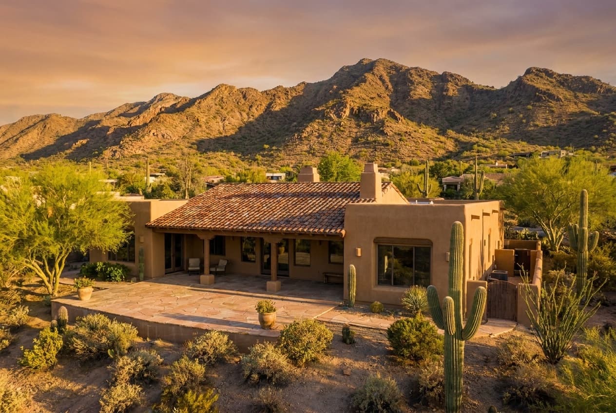 Modern desert home at dusk
