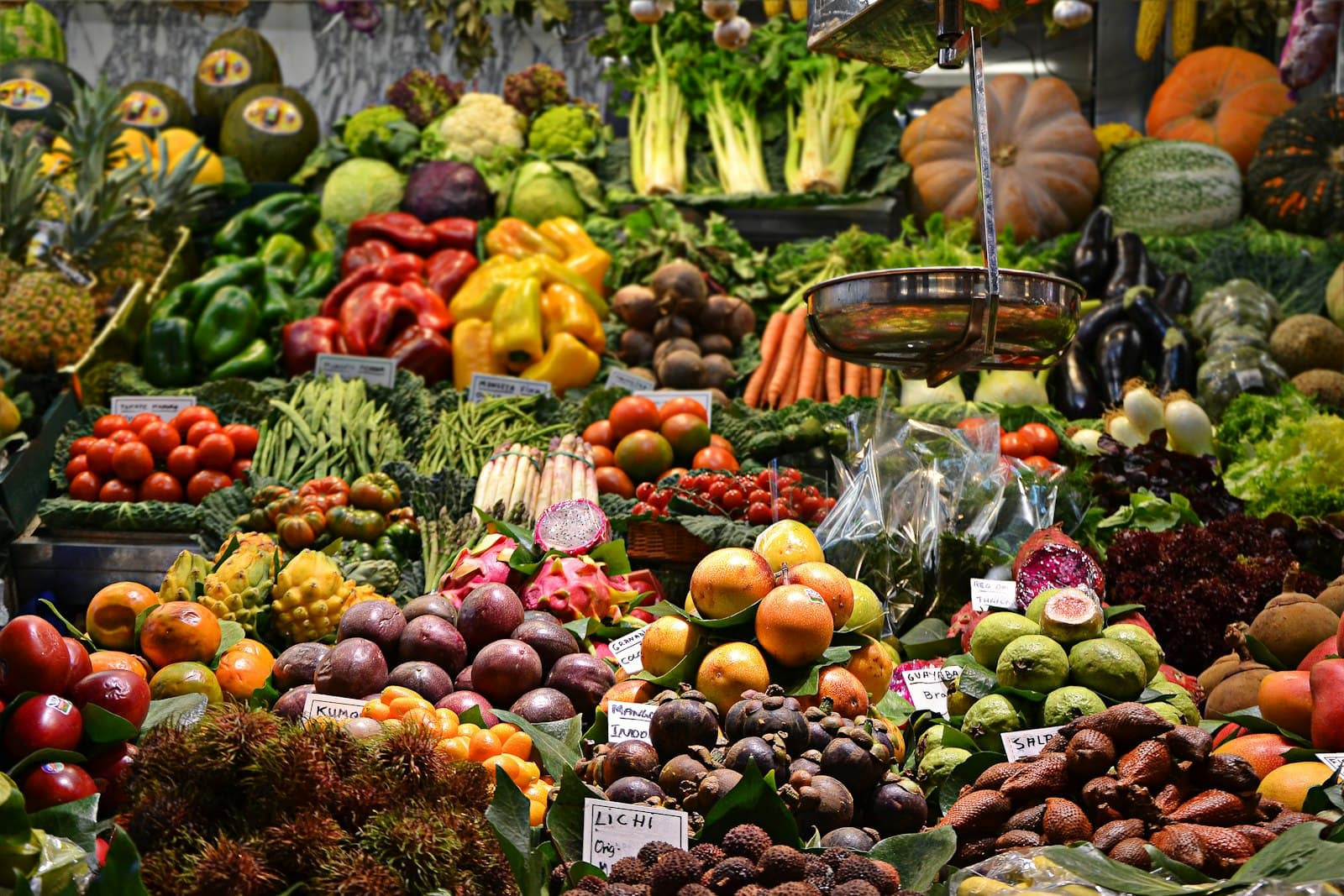 Vegetables on display at a farmers market
