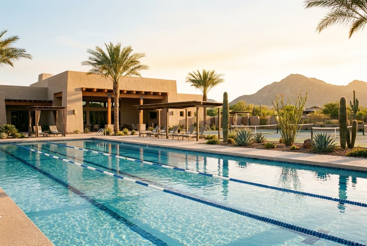 Resort-style pool and clubhouse at Upper Canyon