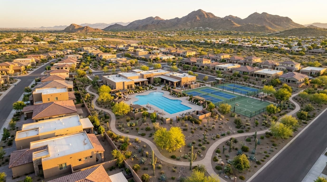 Aerial view of Upper Canyon master-planned community in Ahwatukee at golden hour